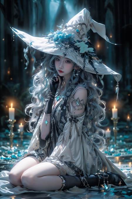 606247209521968349-1580390434-Moon Witch，1girl，witch hat，blonde hair，Witch gown，jewelry，high heels，cleavage，earrings，bracelet，bare shoulders，white thighhighs，.jpg